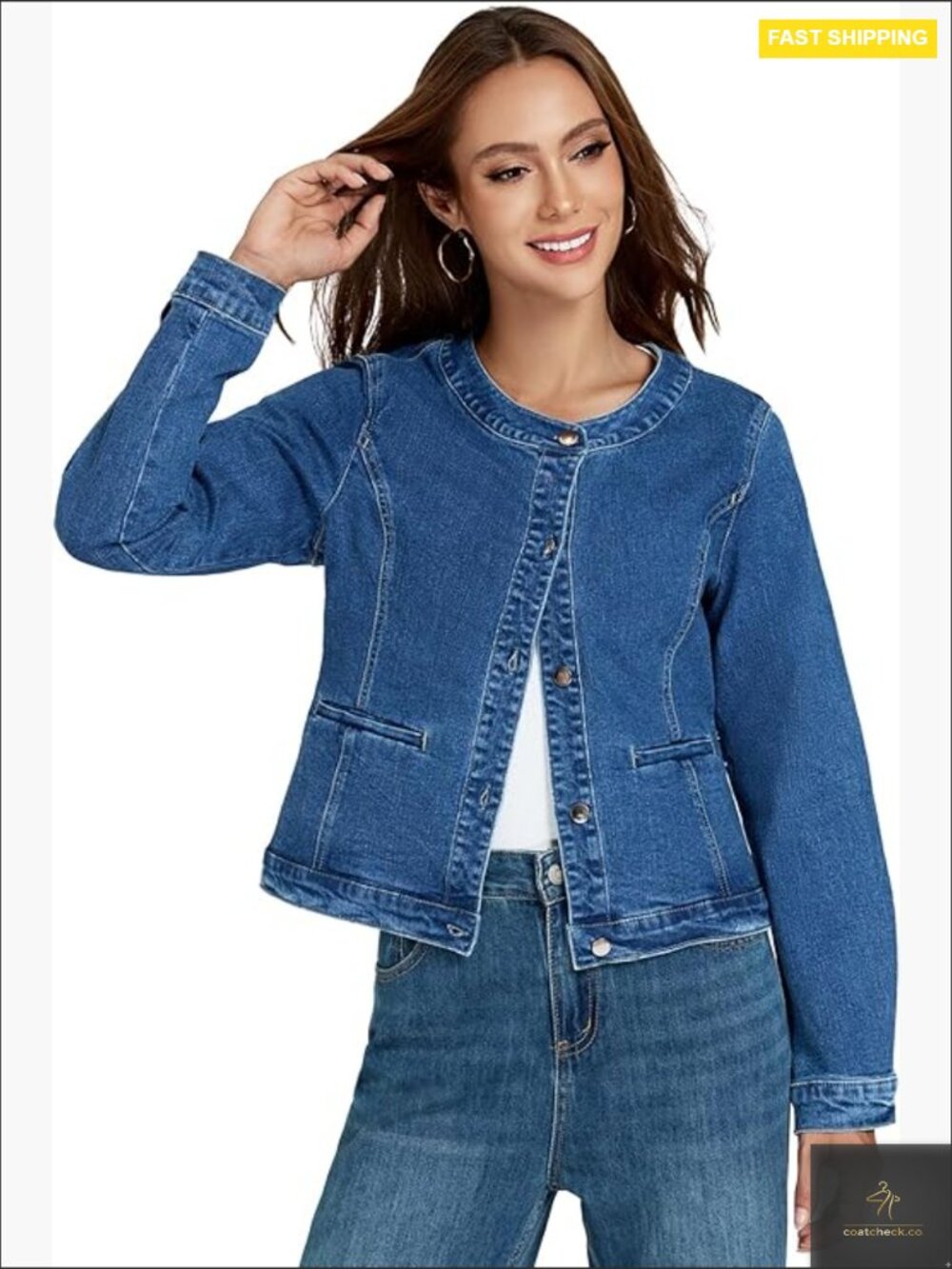 Cropped Denim Jacket Slim Fit Stretch Collarless Chic Casual Modern